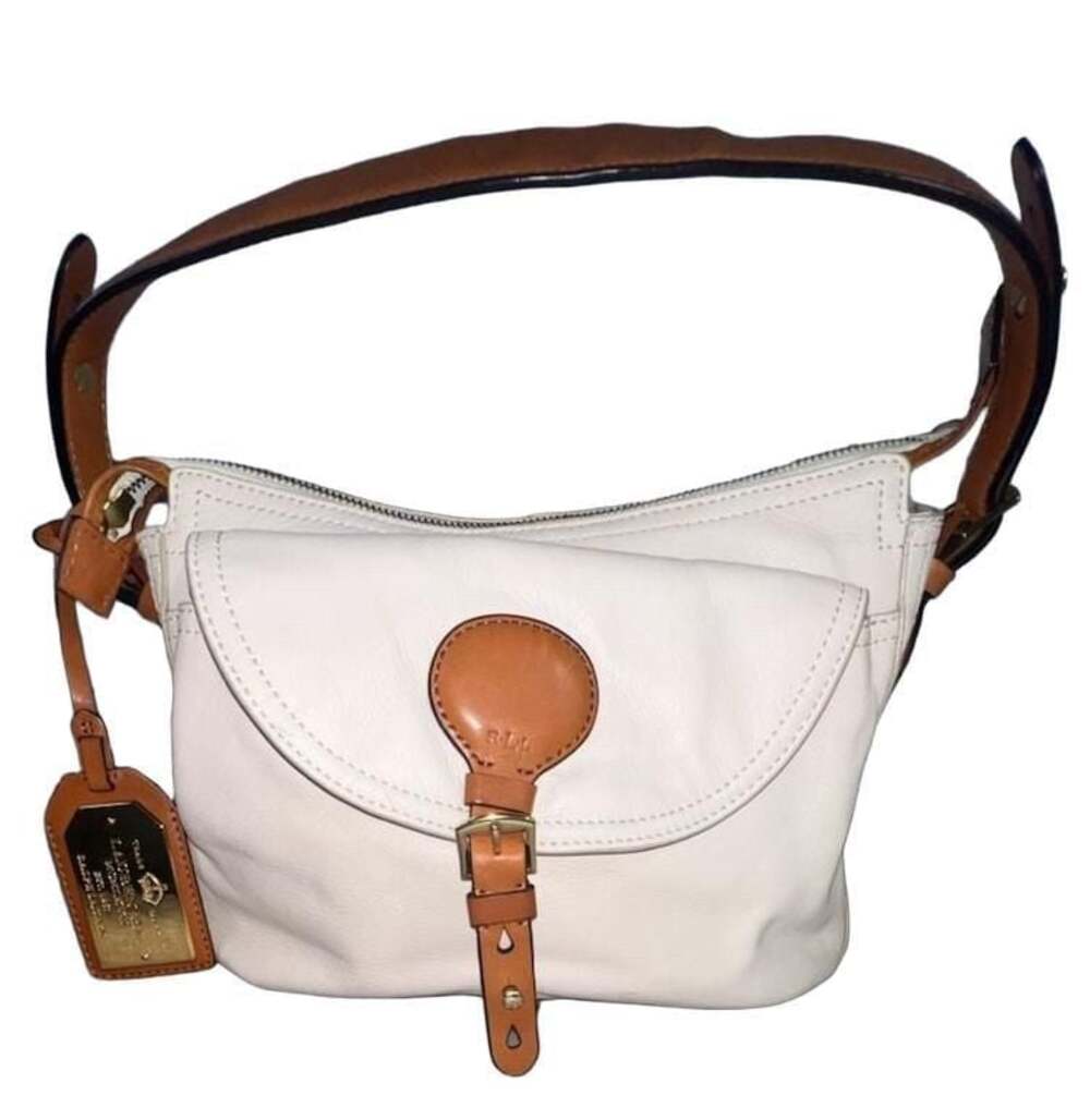 Lauren Ralph Lauren Pebbled Leather White and Tan Shoulder Bag Hobo
